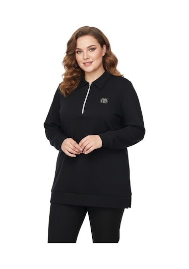 Caftan Kadın Polo Yakalı Önü Fermuarlı Bluz Bgl-st05088 Siyah