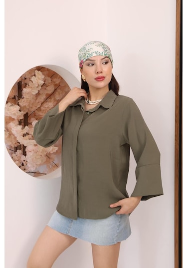 Kadın Slim Fit Dar Kesim Vücuda Oturan Uzun Kollu Haki Gömlek