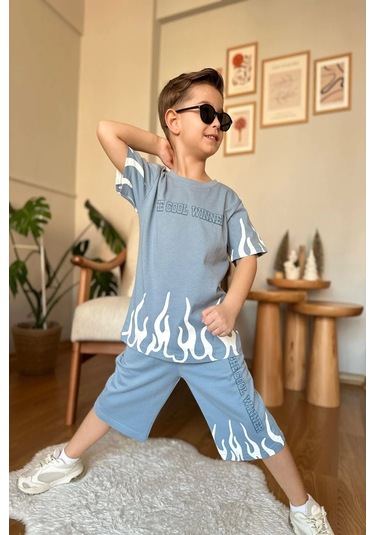 Yeni Sezon Alev Desenli Mavi Renk Erkek Çocuk Şortlu Takım Mavi