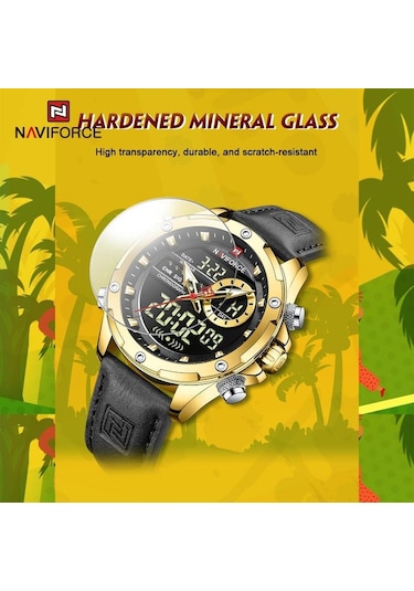 Naviforce Nf9208 Çift Ekran Kuvars Analog Lcd Dijital Erkek Saat Deri Kayış Gümüş - Yeşil