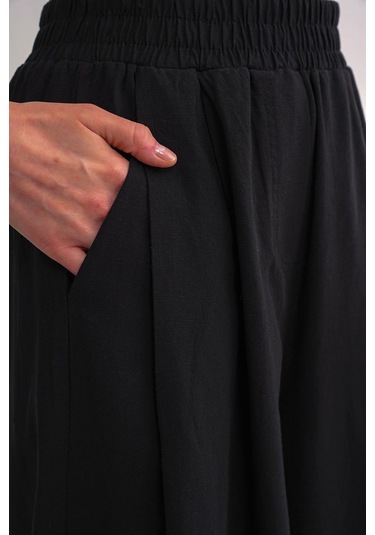 4682 Kadın Beli Lastikli Jogger Bol Keten Pantolon Siyah Siyah