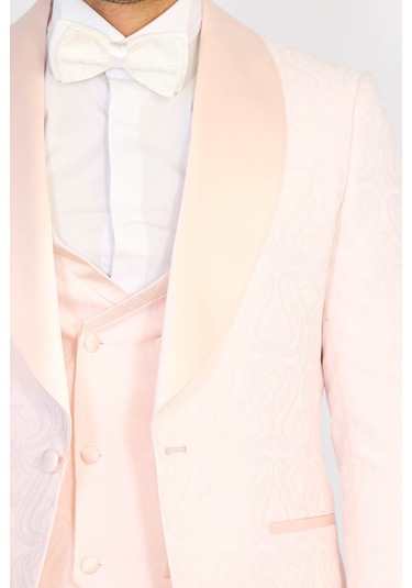 Dalgalı Desenli S Al Yaka Yelekli Toz Pembe Smokin - Wessi Pembe