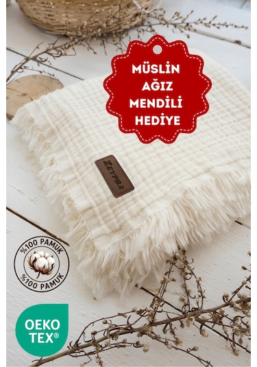 Zeypba %100 Pamuk Müslin 4 Katlı Müslin 110x110 CM Çocuk & Bebek Müslin Örtü Ekru