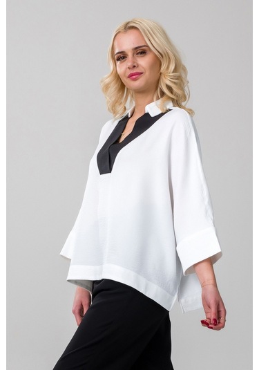 Kadın Gömlek Yakalı Yaka İndigo Mavi Kol Ucu Manşetli İnce Kot Kumaş Bluz Beyaz