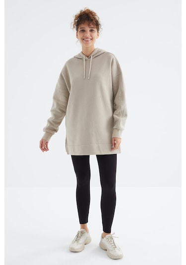 Tommy Life Koyu Bej Reglan Kol Basic Kapüşonlu Oversize Sweatshirt Tunik - 97242 Koyu Bej