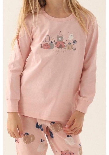 Kız Çocuk Ayıcık Baskılı Uzun Kollu Pijama Takım-16029 Pudra