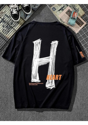 Erkek Siyah Oversize H Heart Baskılı Örme T-shirt Siyah-58954