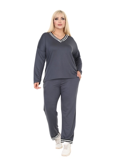 Melsay Butik Antrasit V Yaka Yakası Şerit Detaylı Eşofman Takımı Antrasit