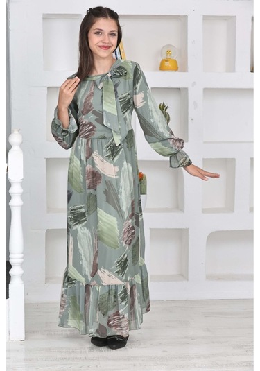 Genç Kız Pamuk Astarlı Şifon Kumaş Uzun Tam Boy Tesettür Elbise Yeşil