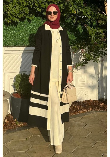 İmge Çizgili Triko Hırka Siyah Çok Renkli