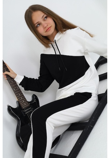 Kız Çocuk %100 Pamuk Garnili Kapüşonlu Uzun Kol Alt&üst Eşofman Takım-eşt-0018 Beyaz