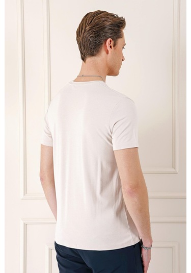 Slim Fit Bisiklet Yaka Düz Pamuklu Açık Bej Tişört Ts 823 Bej