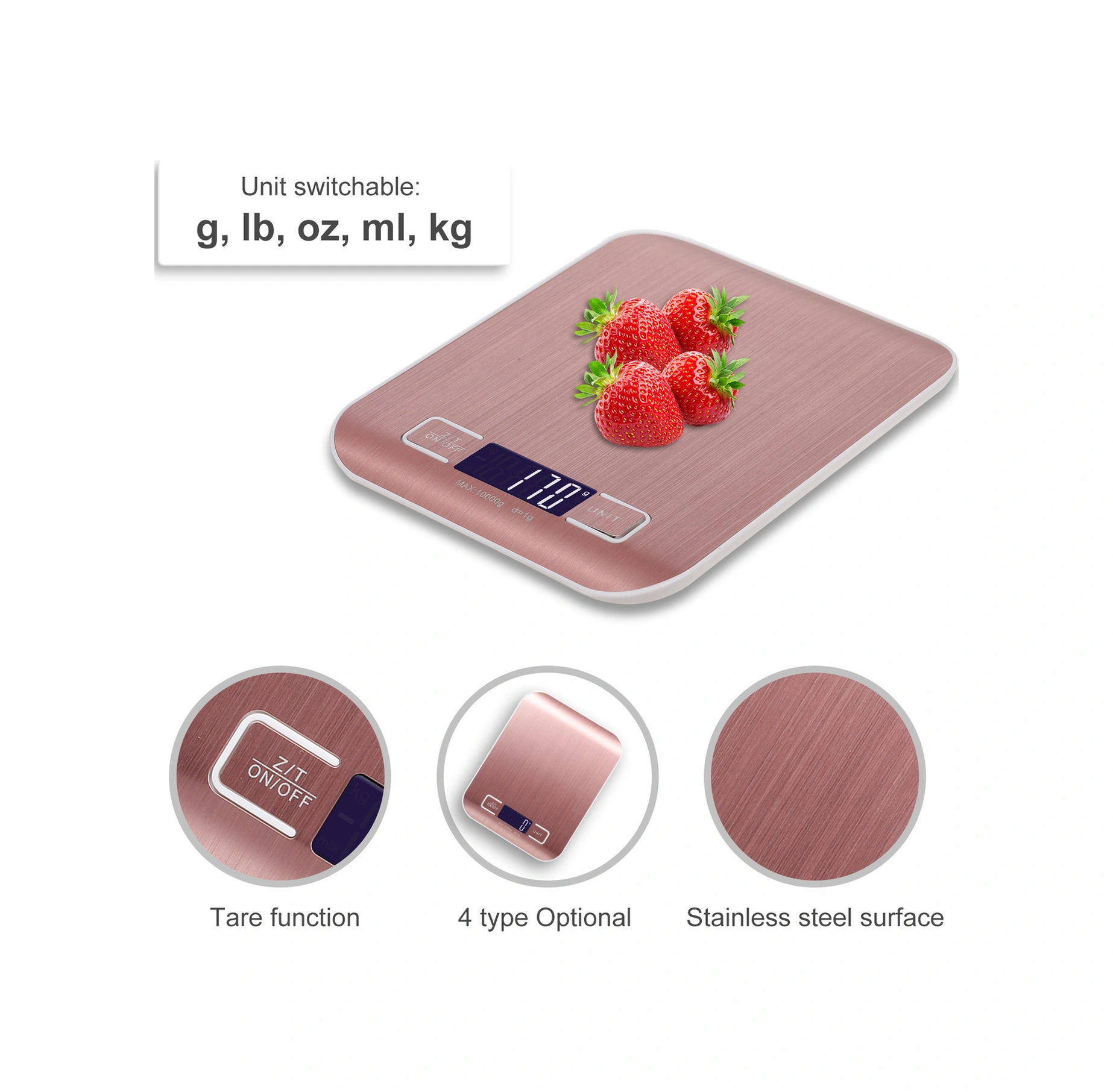 Hombey Mutfak Terazi Gül Altın Rengi Pilli 5kg/1g Hassasiyetli Abs+paslanmaz Çelik Pil Dahil Değil Çok Renkli