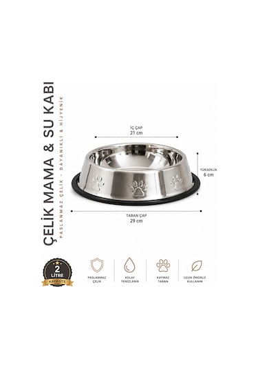 Köpekler İçin Pati Desenli Çelik Mama Su Kabı 30 Cm - 64 Oz - 2 Lt
