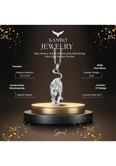 Kaplan Kolye, Panter Kolye Ucu, 925 Ayar Katı Gümüş Zincir Kolye Erkekler İçin Gümüş