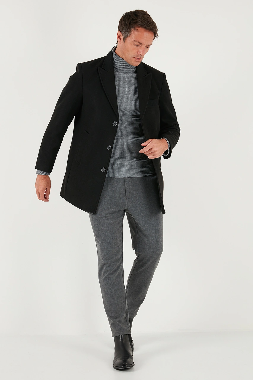 Buratti Slim Fit Apaş Yaka Astarlı Kaşe Erkek Kaban 584K1217 Siyah