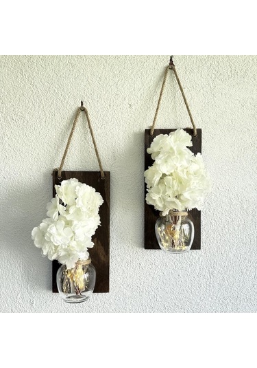 Led Işıklı, Beyaz Bahardalı Çiçekli Duvar Dekoru Ceviz İkili Set Ceviz