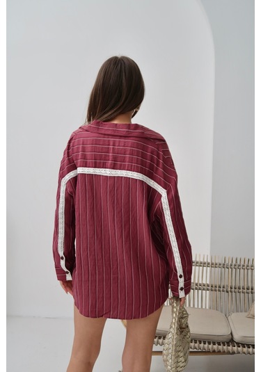 Paw Garage Kadın Monroe Dantel Işlemeli Yazlık Gömlek, Dokuma Modal Kumaş Oversize Gömlek Bordo
