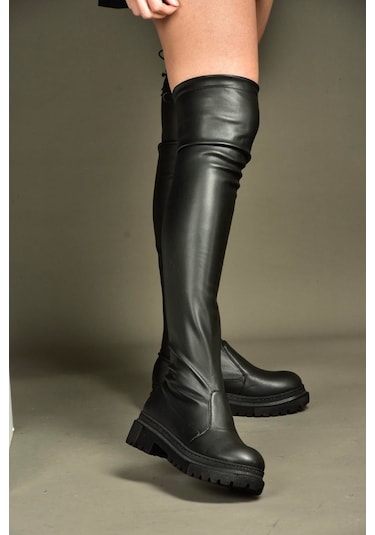 Fox Shoes V7264253 Siyah Deri Streç Kadın Çizme Siyah