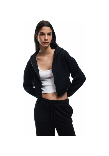 Koton Şardonlu Uzun Kollu Fermuarlı Kapüşonlu Oversize Sweatshirt Siyah 6wal10307ık Siyah