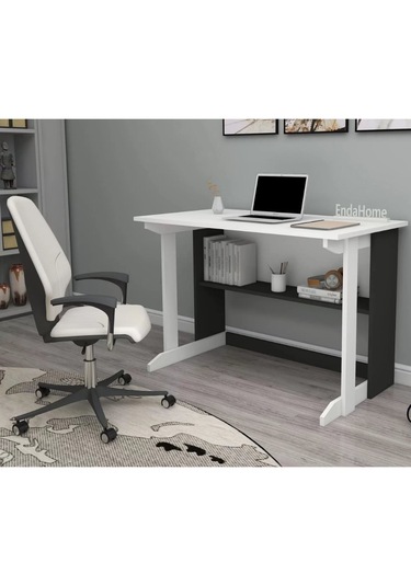 Reyo Home Enda Pillar Kütüphaneli Çalışma Masası 100x56cm Beyaz - Antrasit