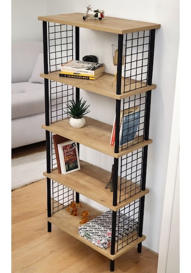 Kitap Yuvası 5 Raflı Geniş Kitaplık Ayakkabılık Banyo Düzenleyici Klasörlük Dekoratif Mutfak Rafı Safir Meşe