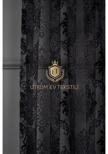 Damask Desen Siyah Örme Tül Perde 1012