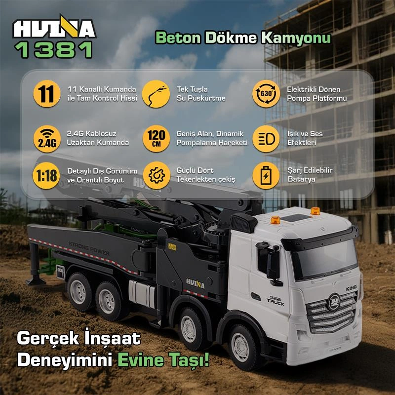 Huına 1381 1/18 11ch Beton Çimento Dökme Kamyonu İş Makinesi İnşaat Uzaktan Kumandalı Rc Model Gri -2.4ghz Gerçekçi Similasyon Ses Ve Işık Sistemi Huına1381-1 7600000034949