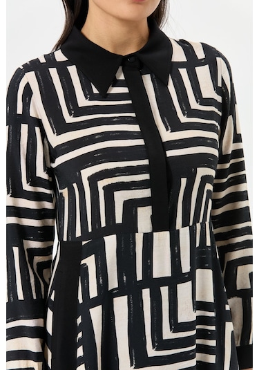 Geometrik Desenli Siyah-bej Vual Elbise Siyah Siyah