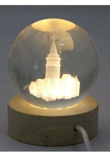 3d Led Işık Gecelambası Cam Küre Tek Renk Günışığı Ahşap Galata Kulesi Gece Lambası7 Cm