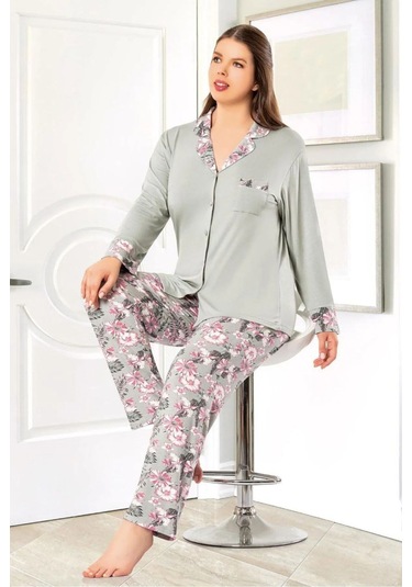 Faal 8802 Kadın Büyük Beden Uzun Kollu Önden Düğmeli Pijama Takım-gri Gri