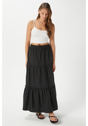 Kadın Elanora Siyah Astarlı Katlı Poplin Etek Siyah