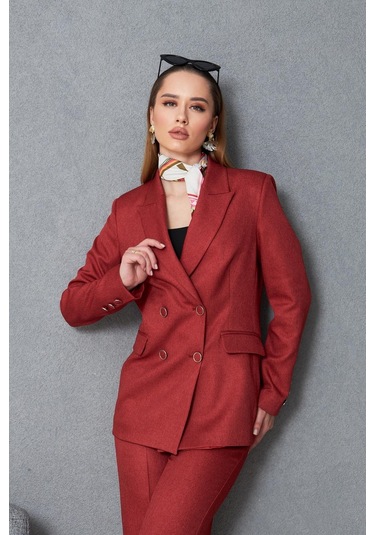 4 Düğmeli Kruvaze Yünefekt Takım Kırmızı Kırmızı