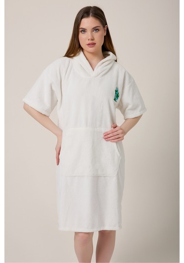 Palmiye Sörf Nakışlı Yetişkin Sörf Yazlık Panço Kapüşonlu Plaj Havlusu Krem Krem