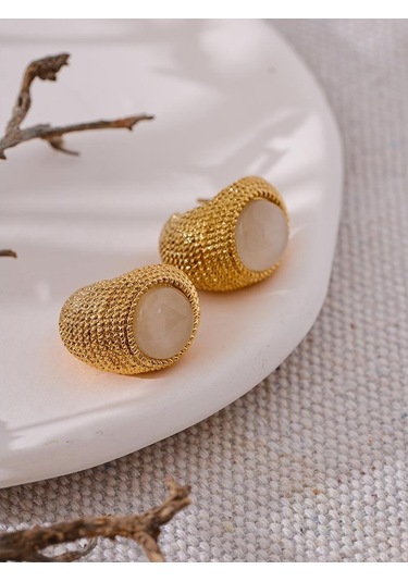 Yeşil Eetit Vintage Yeşil Mavi Beyaz Kedi Gözü Taş Paslanmaz Çelik C Şekli Geometrik Moda Küpe Altın Renk Moda Takı Hediye Çok Renkli