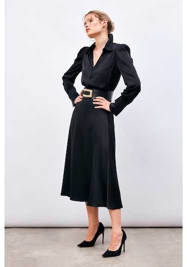 Sateen Midi Boy Saten Etek - Siyah