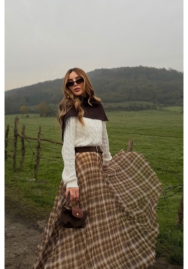 Kahverengi Şifon Ekoseli Etek - 0613 Kahverengi