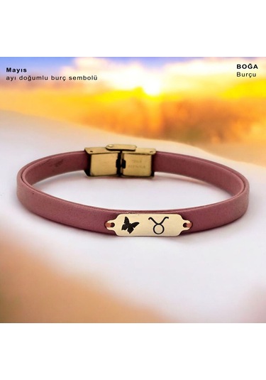 Archin Mayıs Ayı Doğumlarına 14 Ayar Altın Plakalı Koyu Pembe Derili Kelebek Motifli Hediye Bileklik-654ay Mayıs