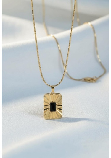 14k Vıp Gold Renk Siyah Taşlı Kolye - 60 Cm Zincir Çok Renkli