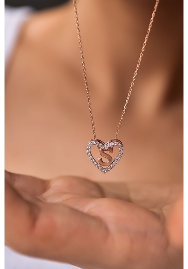 925 Ayar Gümüş Rose Kaplama Aşkın Harfi S Kalp Kolye