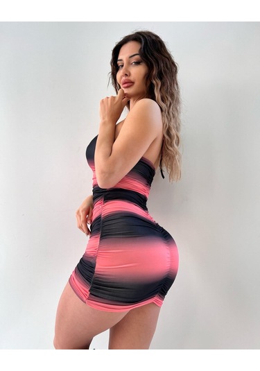 Pembe Siyah Degrade Desenli Askılı Göğüs Dekolteli Mini Elbise-pembe Siyah Pembe - Siyah