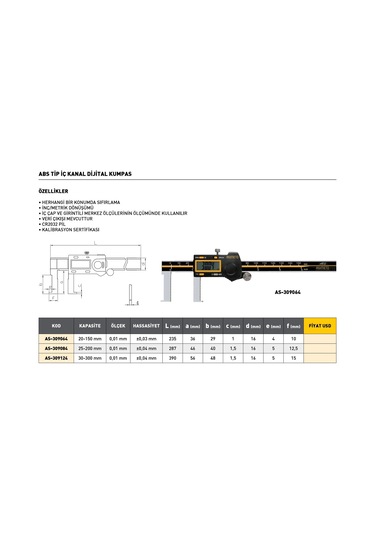 Fett 20-150mm Asimeto Abs Tip İç Kanal Dijital Kumpası As-309064