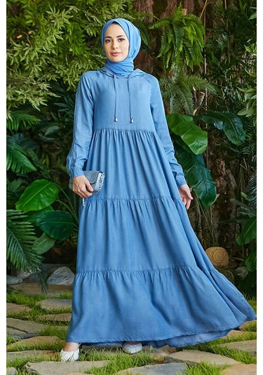 Neways 6531-Kapüşonlu Reglan Kollu Elbise Mavi