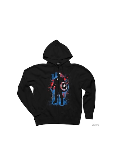 Captain America Stencil Siyah Fermuarlı Kapşonlu Sweatshirt Siyah