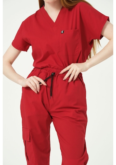 Kırmızı Likralı Kargo Cep Jogger Paça Doktor Hemşire Forması Tek Alt Unisex