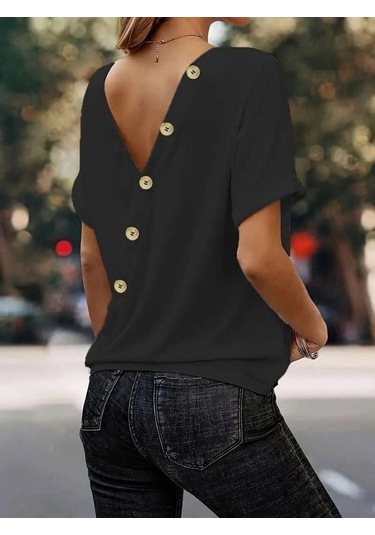 Kadın Sırt Ve Düğme Detaylı Sandy Kumaş Bluz Siyah