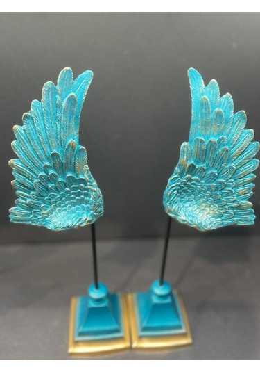 Dekoratif Polyester Ikili Melek Kanatları Biblo Turkuaz Gold Eskitme