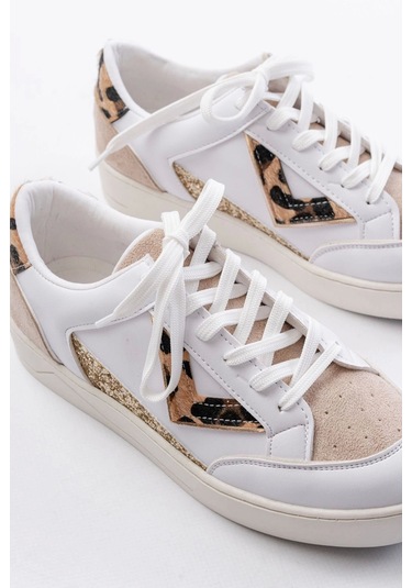 Sv-01 Beyaz Leopar Desenli Bağcıklı Kadın Spor Ayakkabı Beyaz