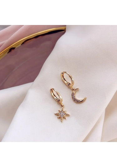 Prosperlink Moda Klasik Dangle Küpe - Asimetrik Yıldız Ve Ay Desenli Kadın Mücevheribeyaz0.01 Ct - 0.10 Ct14 Ayaralt Nfl - If Bronz