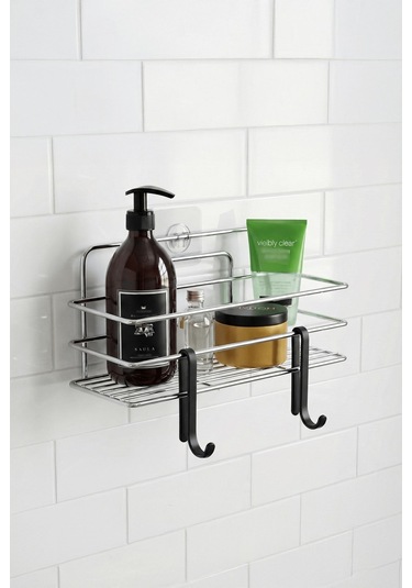 Tekli Krom Yapışkanlı Banyo Rafı + 2 Li Askı Kanca Seti Paslanmaz Metal Duş Şampuanlık Yapıştır/vidala Tş-01 Krom